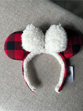 Disney parks Red and Black Buffalo Plaid Minnie Ears with White Sherpa Pom